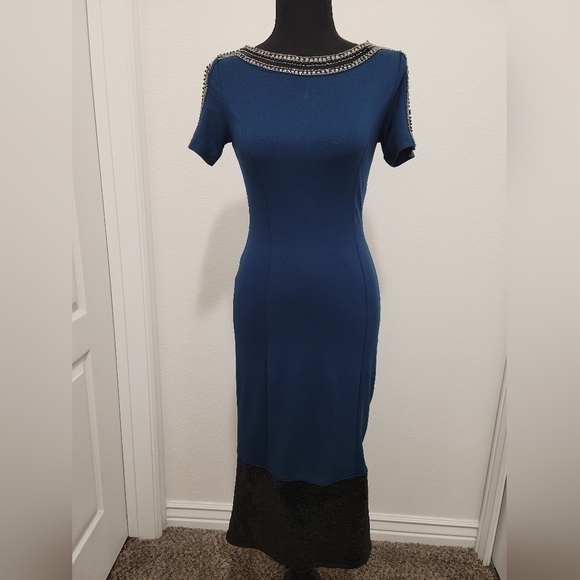 La Chocolê Bodycon Beaded Sequence Blue Midi Dress - Picture 16 of 16
